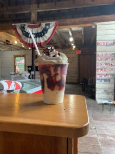 Chocolate-Strawberry Ice cream sundae at Barnyard Swing